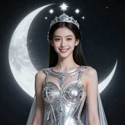 portrait of young slim smiling prophetess of the moon, silver filigree armor and tiara, stars above head, purple hair, translucent skin, beautiful! coherent! by brom, by junji ito, strong line, high contrast, muted color
