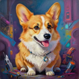 beautiful painting of fantasy cyberpunk corgi assassin, by, craig mullins, craig davison. trending on artstation, 8 k, masterpiece, graffiti paint, fine detail, full of color, intricate detail, golden ratio illustration
