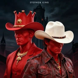 duel red king and shooter cowboy hat, dark tower background, stephen king, travel poster artwork by greg rutkowski, trending on artstation and unreal engine