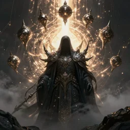 a dark sci fi portrait of a shadow mage with massive metal ornaments protruding into the sky, majestic and futuristic, cinematic lighting, high detail, futuristic medieval, ornate metal, unreal engine, octane render, art by vitaly bulgarov artstation, destiny concept art, fog volumes, color glowing aura, post processing, cgsociety