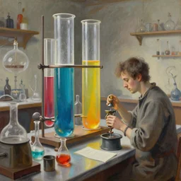 detailed painting of an alchemist lab, large tubes, colorful liquid