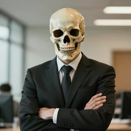 A terminator with a half-bared skull in a business black suit crossed his arms, stands indoors, the background is blurred, focus in the foreground, realism, details,