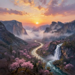 The most beautiful panoramic landscape, oil painting, where the mountains are towering over the valley below their peaks shrouded in mist, the sun is just peeking over the horizon producing an awesome flare and the sky is ablaze with warm colors and stratus clouds. A giant dreamy waterfall creates a river, it is winding its way through the valley and the trees are starting to bloom in pink colors, by Greg Rutkowski, aerial view