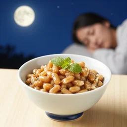 japanese natto sticky bowl, blue night sky with stars and moon in background, sleeping person