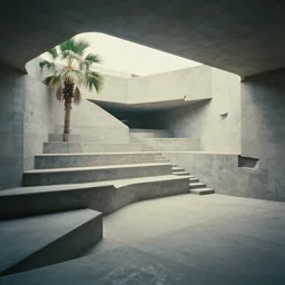 noisy color photograph of a concrete underground retrofuturist liminal space, staggered terraces, palm tree growing out of concrete, deformations, minimalist, cinematic, soft vintage glow