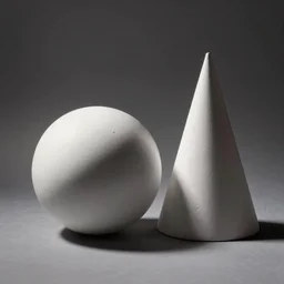 a sphere and a cube and a cone sitting on a gray surface