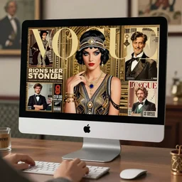 apple imac monitor, woman using computer, vogue magazine, vintage roaring 2 0 s flapper, interior design, greg rutkowski, john singer sargent, anime, trending on artstation, intricate
