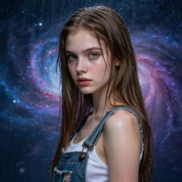 fairy woman,, soft eyes and narrow chin, dainty figure, long hair straight down, torn overalls, nebula background, side boob, wet shirt, wet, raining, highly detailed face, realistic face, beautiful detailed eyes, fantasy art, in the style of greg rutkowski, illustration, epic, fantasy, intricate, hyper detailed, artstation, concept art, smooth, sharp focus, ray tracing, vibrant,