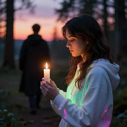 a girl glowing with neon colors in the foreground holding a white candle in the distance, and a man in a black cloak walking in the woods behind, at sunset, octane render, realistic lighting, full frame,