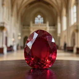 macro shot of a ruby sculpture sitting on a table in the hall of a great castle
