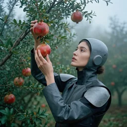 a closeup portrait of a woman wearing futuristic material, picking pomegranates from a tree in an orchard, foggy, moody, photograph, by vincent desiderio, canon eos c 3 0 0, ƒ 1. 8, 3 5 mm, 8 k, medium - format print