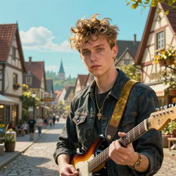 very highly detailed Alex Turner, holding a electric guitar, with very highly detailed face on the street of a very highly detailed german village digital concept art by Greg Rutkowski, neofuturistic highly detailed, digital concept art, Dimensional cyan gold natural light, sharp focus, Golden Ratio illustration, realistic concept art by Stephen Hickman and James Gurney and Hiromasa Ogura Ghost in the Shell rendered in Octane Render, From the distance