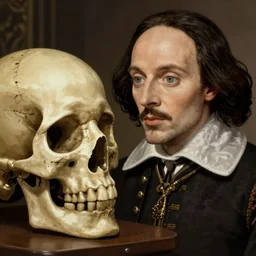 William Shakespeare as Hamlet gazing into the eyes of a skull, ambient lighting, 4k, anime key visual, lois van baarle, ilya kuvshinov, rossdraws, artstation