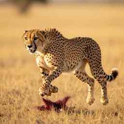 “ majestic shot of cheetah leaping to make his kill, golden lighting, ferocious expressions, realistic, art station ”