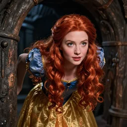 Photorealistic Disney, the princess with wavy red hair sneaks through a dark dungeon, strong lighting, medium shot, trending on pixiv