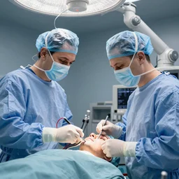 a of a face transplant in an operating room with robotic surgeons with a lot of wires , photorealistic,by Wlop,4k resolution