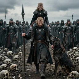 odin with huggin and munning on his shoulders walking through the sea of death, with the valkyries army behind. he is holding gungir in his right hand, 6 0 mm portrait photo