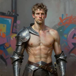greg manchess oil matte portrait painting, armless knight, masterpiece, highly detailed, scifi, deep focus, elegant, digital painting, street art, trending artstation, sharp focus, shading, dramatic illumination, ultra realistic, 4 k, art by greg rutkowski wlop rossdraws