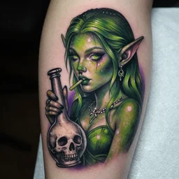 tattoo of an elf holding a skull bong, green, black, purple and white ink, detailed, hyperrealistic trending on artstation