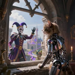 humanoid cat looking out a castle window at his kingdom while a court jester waves at him, intricate detailed environment, photorealistic!, octane render, mechanical, concept art, cinematic lighting, digital art, interstellar, hyper realism, sharp, cyberpunk, 8 k, de dia los muertos. by angus mckie, moebius, maciej kuciara