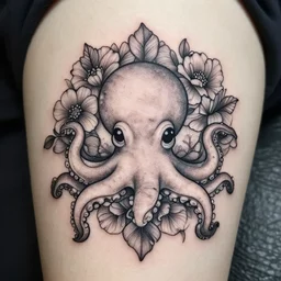 detailed amazing floral tattoo stencil of a small cute octopus