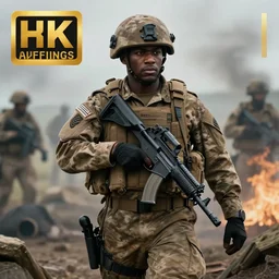 Portrait of a black modern British army soldier in full gear carefully moving through enemy territory, photography, cinematic lighting, 4k, award-winning