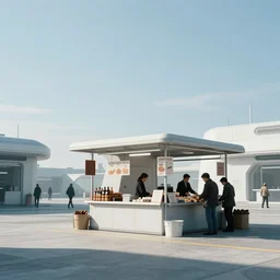 a scene of a futuristic market stall on a street corner in the style of the ( minority report ) film taken from a distance, minimalist, blue and white, cinematic lighting