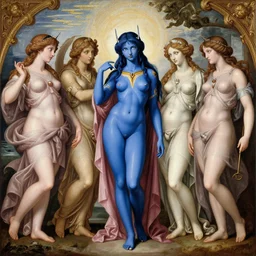unfair isis, trinity of blue - skinned evangelion anime characters as godesses and gods, classical roman renaissance painting scene, baroque fantastical greek art wall fresco, hindu idol obsidian cyberpunk, movie still, eva poster ova, high quality, golden ratio, cycles, very colorful, starry sky, blasphemous orthodox icon