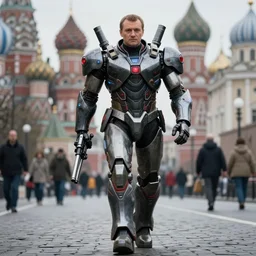 boris yeltsin in mecha cyber suit with guns, futuristic, walking on moscow streets, cinematography by trent opaloch, deep depth field, masterpiece, featured on vimeo, featured on pixiv, cinematic composition, hyper - detailed, hd, hdr, 4 k, 8 k