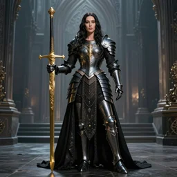 beautiful fantasy goddess monica bellucci, symmetrical face, full body shot, black plate - armor, golden gladius, intricate details, elegant, ultra realistic, wide angle, seductive pose, gothic style city background, highly detailed, unreal engine, octane render