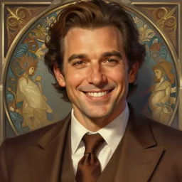 close up of ernie sabella smiling wearing a brown suit and necktie, focus, d & d, intricate, elegant, highly detailed, digital painting, artstation, concept art, matte, sharp focus, illustration, hearthstone, art by artgerm and greg rutkowski and alphonse mucha