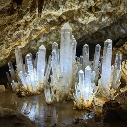 an extremely large cave, brightly lit, filled with long and slender quartz crystal formations, puddles of water