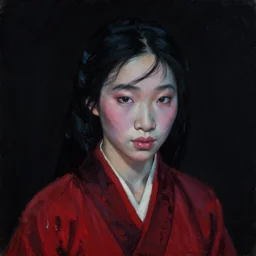Portrait of Mulan, pitch black room, extremely detailed, oil on canvas, low-key neon lighting, realist, artstation, Blade Runner 2049, Roger Deakin’s cinematography, by J. C. Leyendecker and Peter Paul Rubens and Stephen Bauman,