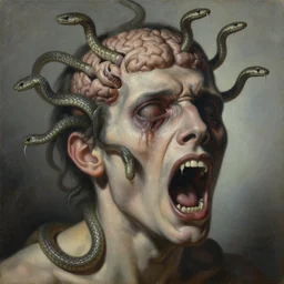 an oil on canvas painting of a screaming decapitated man's partially decomposing face and empty eye sockets with many biting serpents swarming out of his exposed brain, a surrealist painting, polycount, surrealism, surrealist, lovecraftian, cosmic horror, high detail