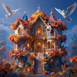 inter dimensional villa, a heart full of envy, The Autumn Plague Gardener, Some cosmic angels, cinematic, hyper realism, high detail, octane render, unreal engine, 8k, vibrant color, smooth, warmth in the loneliest shades of blue, its softness partakes of fluidity, biodiversity in a world of change and constancy, by deiv calviz and bossmonsterbani