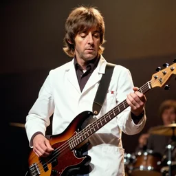 young Paul McCartney with a mullet, playing bass and wearing a doctors coat, concert photography from the 70s, real telephoto, bokeh