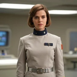 a movie still medium shot portrait of a young beautiful white female space cadet in uniform, retro futurism fashion, by rudy siswanto, trending on artstation,
