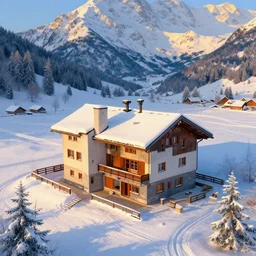 matte painting of winter, brutalism bauhaus cottage szene in beautiful landscape in the bavarian alps, by albert whitlock, amazing details, beautiful composition, vibrant colors, bird eye view, luminescent, warm hue's