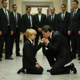 a medium shot photograph of a blonde boy sitting in the Golden ratio position of the photo,  wearing causal black suits, in the middle of a hall which fills with mafia men, looking at the adult men kneeling before him kissing his hand, the 2000s, Italy, solemn, pale