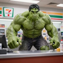 the incredible hulk working as a 7/11 cashier and wearing a uniform, macro, wide shot, dramatic lighting, octane render, hyperrealistic, HD