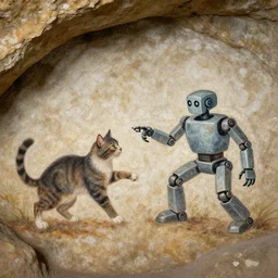 cave painting of cats and robots fighting