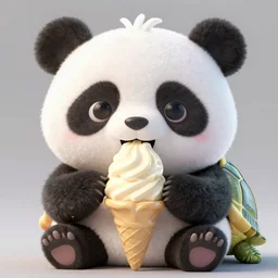 high quality 3 d render hyperrealist very cute creepy happy panda & tortoise hybrid eating ice cream, vray smooth, in the style of detective pikachu, very dramatic light, low angle, uhd 8 k, shallow depth or field
