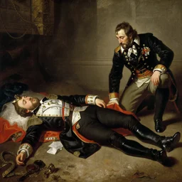 the assassination of the king, the king fallen dead on the ground, highly detailed painting by gaston bussiere, craig mullins, j. c. leyendecker