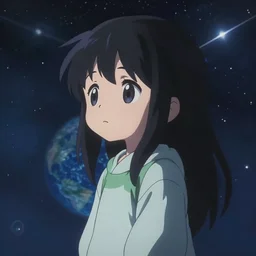 anime portrait of earth - chan!!! looking far away on space, sad!!! melancholy!!! art station, ( ( ( blurred, highly detailed, chibi ) ) ), illustration, cinematic!!!
