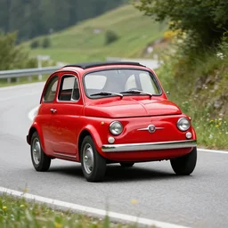 A very beautiful photo of an old red Fiat 500 racing on a mountain road