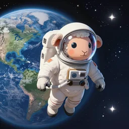 A sheep in an astronaut suit and helmet floating in space, earth in the background, stars and galaxies,  in the style of Rayman origins, michael ancel, Ruan Jia and Mandy Jurgens and Greg Rutkowski, trending on Artstation, award winning, unreal engine, octane render W 1024