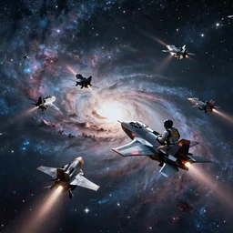 many spacefighters dogfighting against a starry sky and nebula