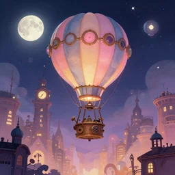 a beautiful stunning fantasy whimsical matte digital illustration of a scene of a steampunk hot - air balloon over a lit steampunk city with a clock tower at night by marc simonetti, pastel color palette, disney magic the gathering steampunk!!!, chiaroscuro magical! bokeh moon stars dramatic romantic! epic breathtaking, trending on artstation hq, masterpiece