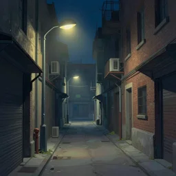 an alleyway, detailed illustration by thomas kinkade, cyberpunk, nighttime, streetlight w 7 0 4