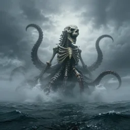 a huge terrifying skeletal sea monster with tentacles that rises out of the waters of an ocean bay, heavy fog, atmospheric, cinematic, 3D, dramatic sky, establishing shot, low angel, water splash, thunderstorm, Octane render, 8K, ridley scott, david fincher
